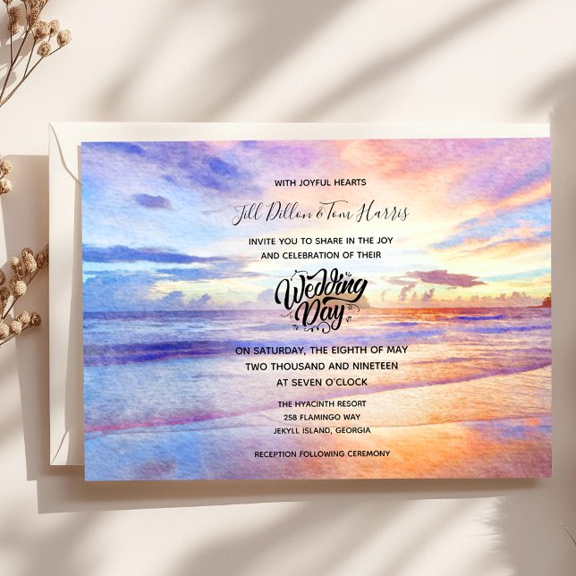 Watercolor Beach Sunrise Wedding Day Invitation (Creator Uploaded)