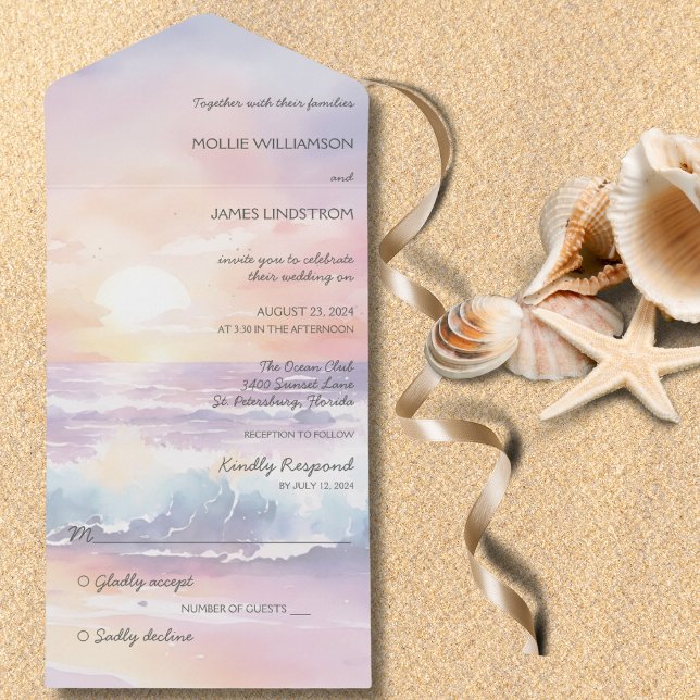 Watercolor Beach Sunset All in One Wedding Invite (Also available with QR code. )