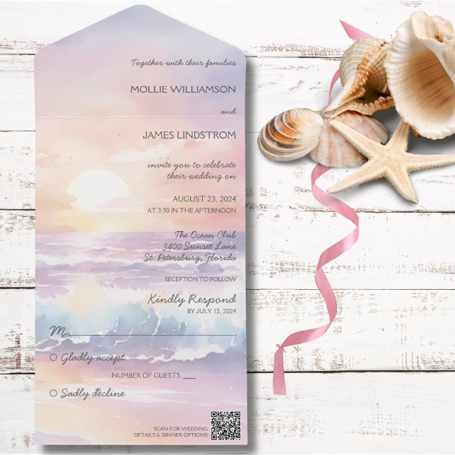 Watercolor Beach Sunset All in One Wedding Invite (Also available without QR code. )
