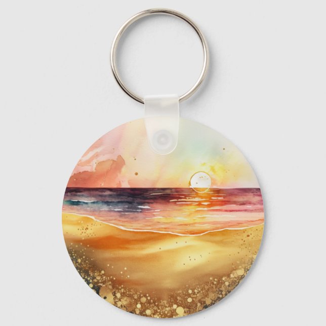Watercolor Beach Sunset Key Ring (Front)