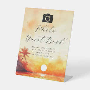 Watercolor Beach Sunset Photo Guest Book Wedding Pedestal Sign