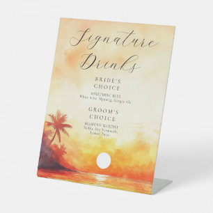 Watercolor Beach Sunset Signature Drinks Wedding Pedestal Sign