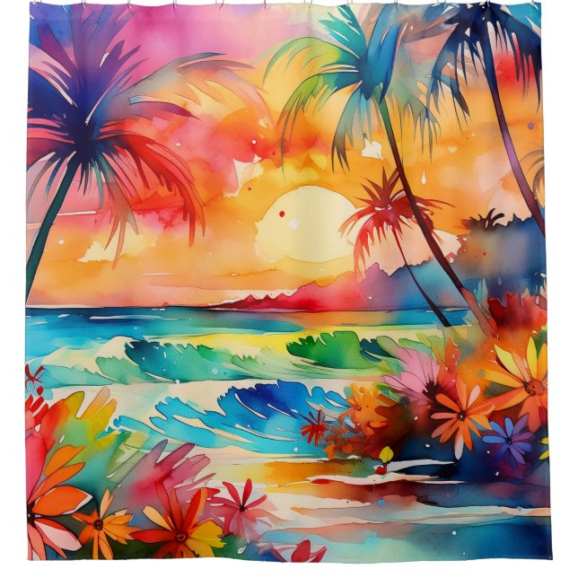 Watercolor beach sunset Tropical art  Shower Curtain (Front)