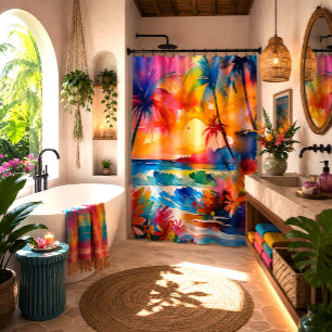 Watercolor beach sunset Tropical art  Shower Curtain