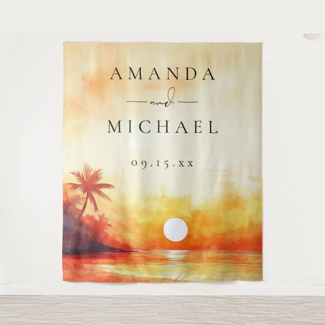 Watercolor Beach Sunset Wedding Photo Backdrop Tapestry (Front)