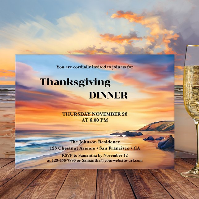 Watercolor Beach Thanksgiving Dinner Party  Invitation (Watercolor Thanksgiving dinner party invitation featuring a sunset on the beach)