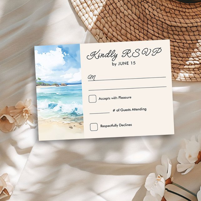 Watercolor Beach Theme Wedding RSVP Card (Wedding RSVP from the Summer Beach Wedding Collection by Darling & May)