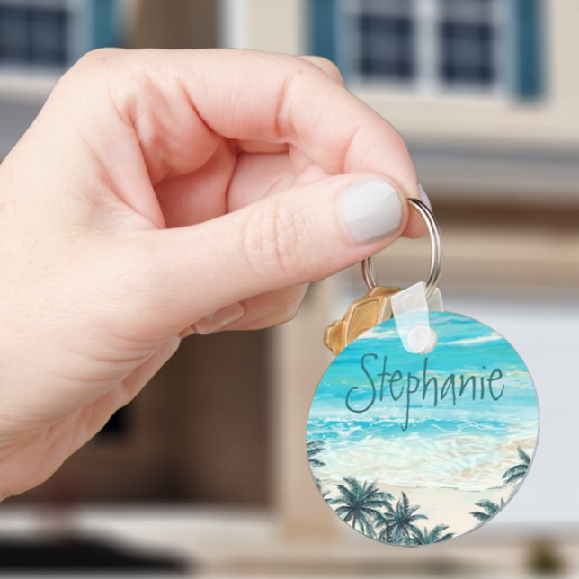 Watercolor Beach Tropical Name Monogram Key Ring (Creator Uploaded)