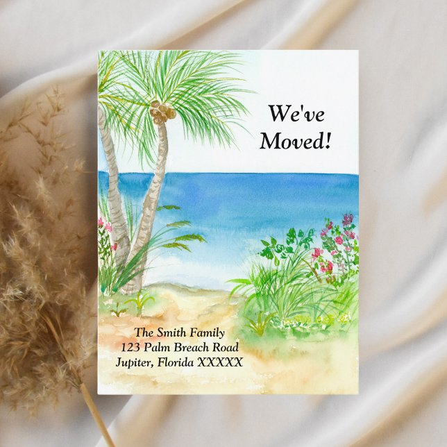 Watercolor Beach Tropical We've Moved Announcement Postcard (Transport friends to your tropical paradise with our Watercolor Beach postcard. )