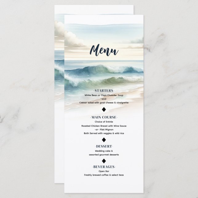 Watercolor Beach Waves Coastal Wedding Menu (Front/Back)
