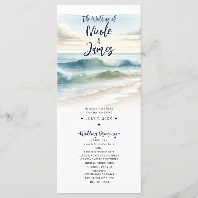 Watercolor Beach Waves Coastal Wedding Program Programme (Front)