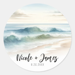 Watercolor Beach Waves Rustic Coastal Wedding Classic Round Sticker