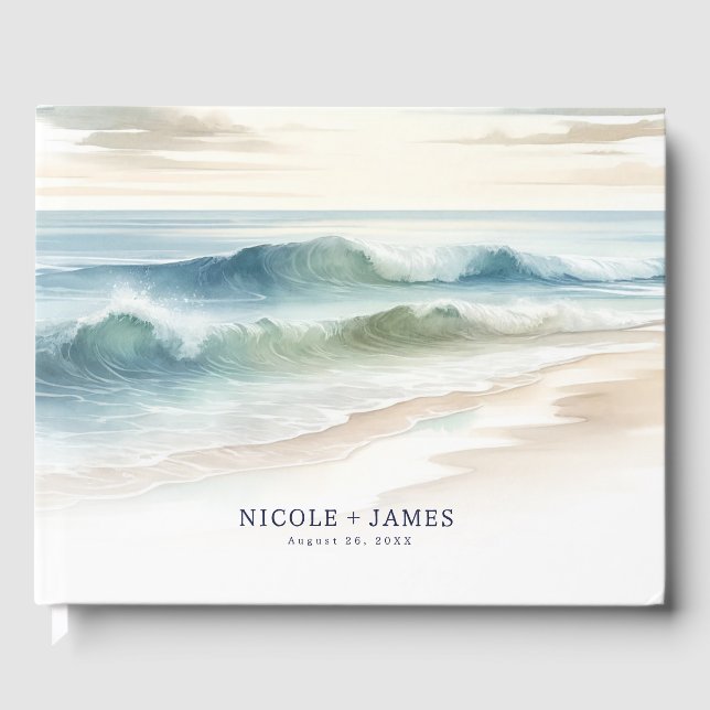Watercolor Beach Waves Rustic Coastal Wedding Guest Book (Front)