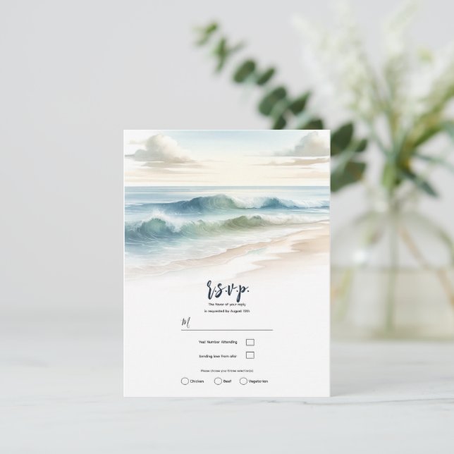 Watercolor Beach Waves Rustic Coastal Wedding RSVP Invitation (Standing Front)