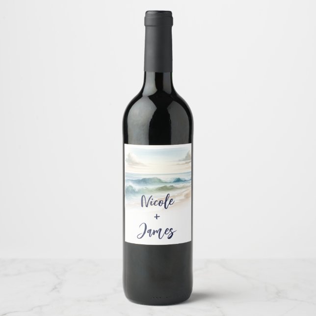 Watercolor Beach Waves Rustic Coastal Wedding  Wine Label (Front)