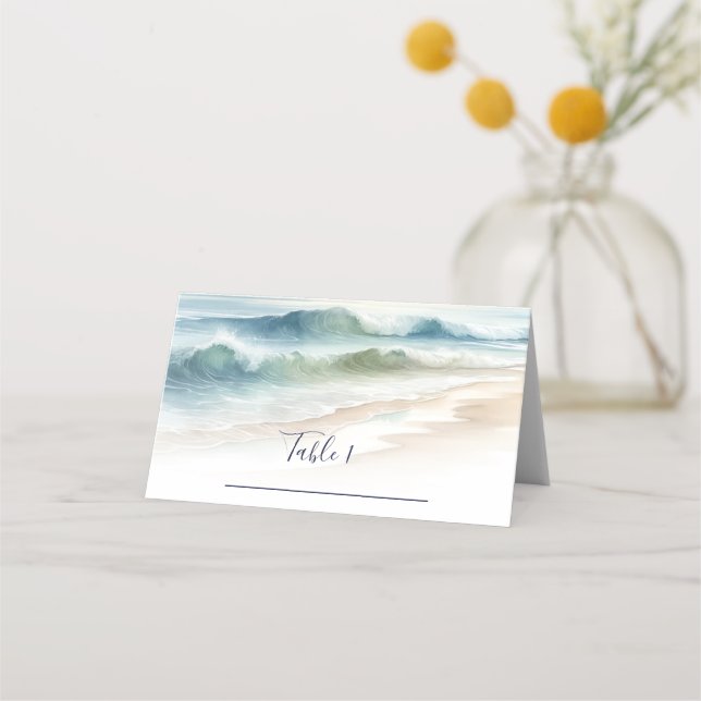 Watercolor Beach Waves Rustic Wedding Seating Place Card (Front)