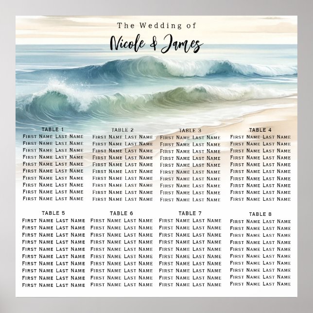 Watercolor Beach Waves Wedding Seating Chart (Front)