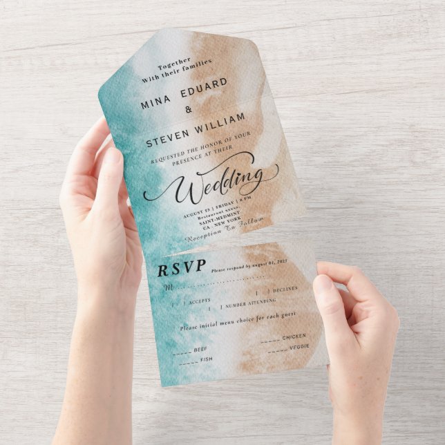 Watercolor beach wedding  all in one invitation (Tearaway)