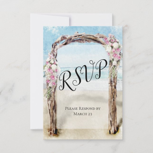 Watercolor Beach Wedding Arch with Roses RSVP Card (Front)