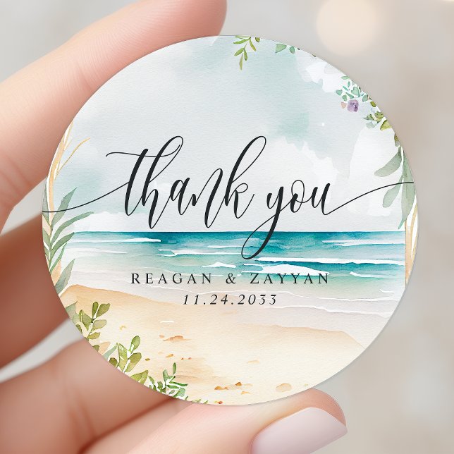 Watercolor Beach Wedding Thank You Classic Round Sticker (Creator Uploaded)