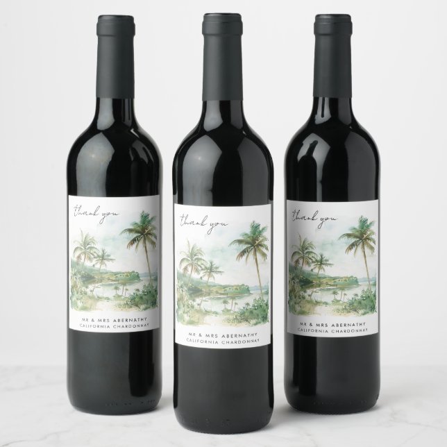 Watercolor Beach Wedding Thank You Wine Label (Bottles)