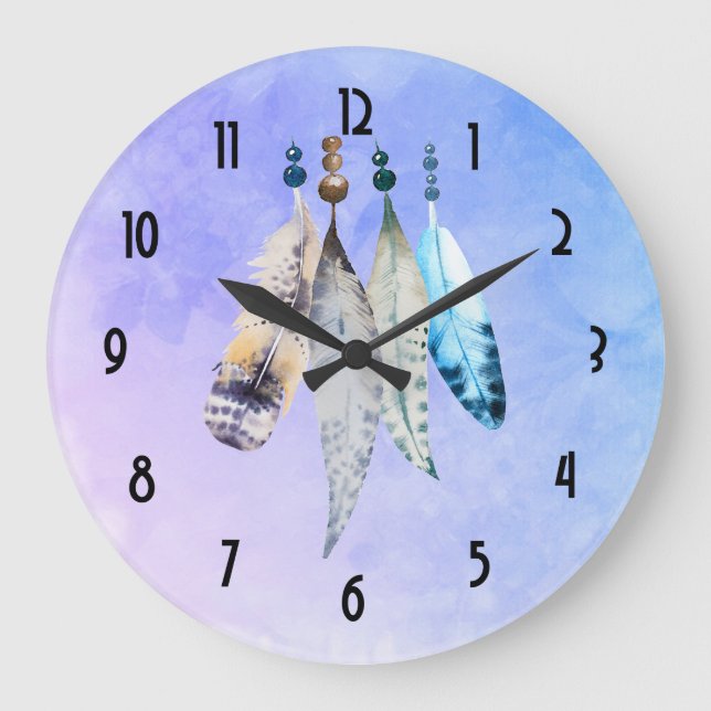 Watercolor Beads &#x27;n Feathers on Bluish Purple Large Clock (Front)