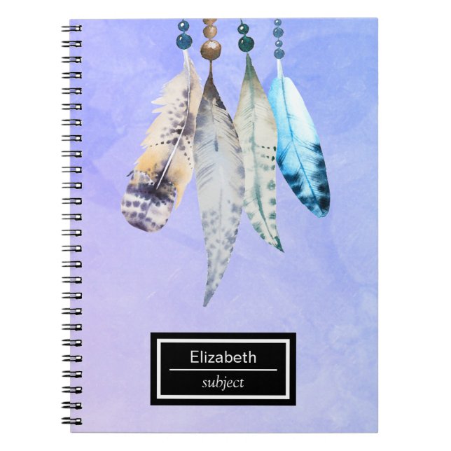 Watercolor Beads 'n Feathers on Bluish Purple Notebook (Front)
