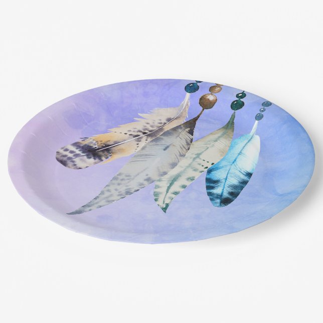 Watercolor Beads 'n Feathers on Bluish Purple Paper Plate (Angled)