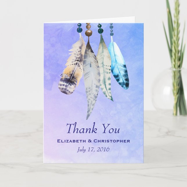 Watercolor Beads 'n Feathers Wedding Thank You Card (Front)
