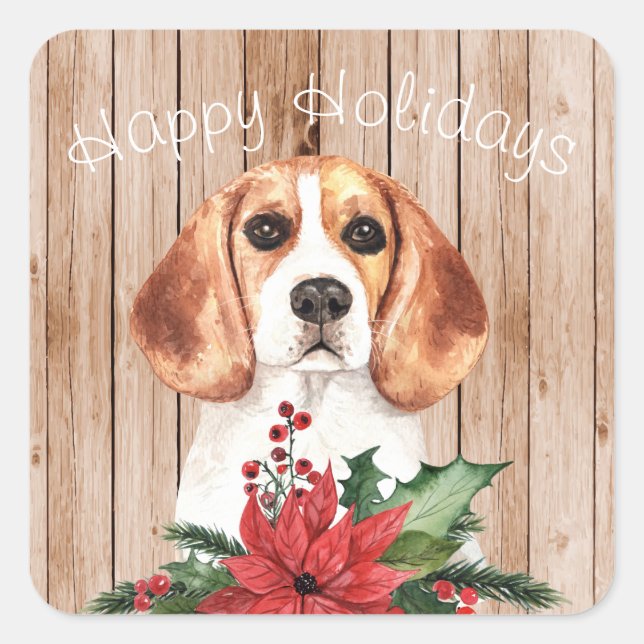 Watercolor Beagle & Christmas Bouquet Customisable Square Sticker (Front)