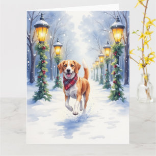 Watercolor Beagle Snowy Park Christmas Holiday Card