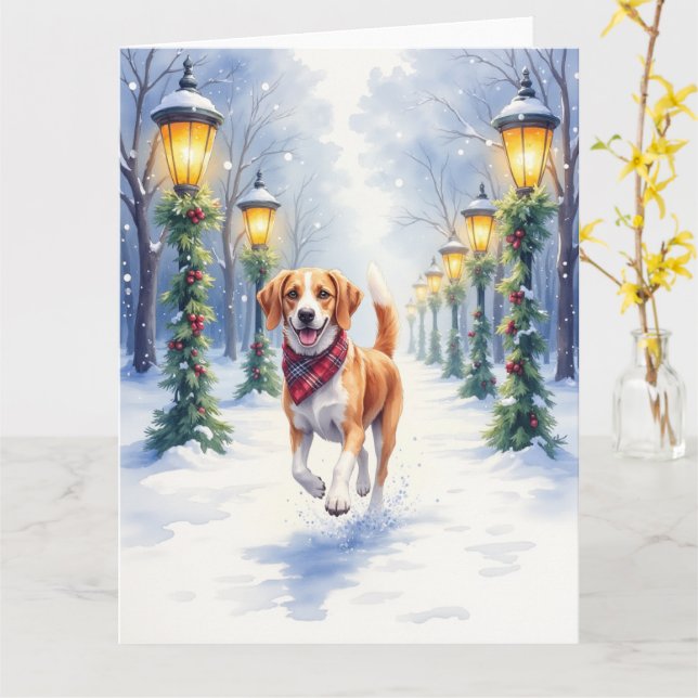 Watercolor Beagle Snowy Park Christmas Holiday Card (Yellow Flower)