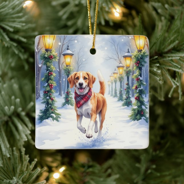 Watercolor Beagle Snowy Park Christmas Holiday Ceramic Ornament (Tree)