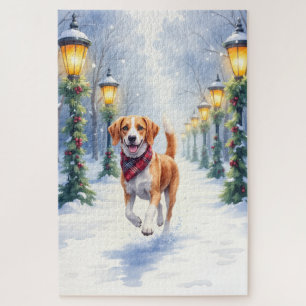 Watercolor Beagle Snowy Park Christmas Holiday Jigsaw Puzzle