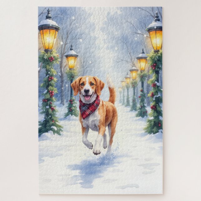 Watercolor Beagle Snowy Park Christmas Holiday Jigsaw Puzzle (Vertical)