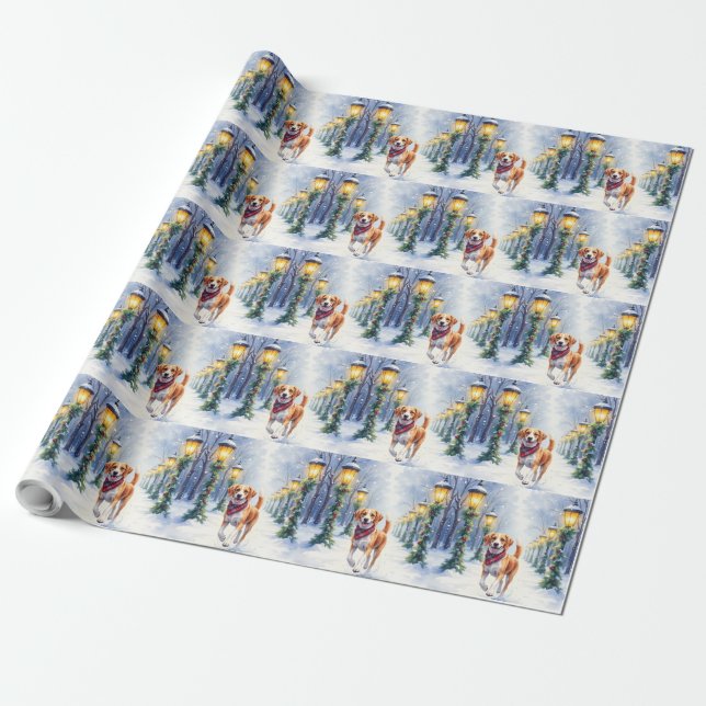 Watercolor Beagle Snowy Park Christmas Holiday Wrapping Paper (Unrolled)