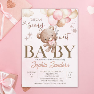 Watercolor Bear Baby Shower for Girl with Pink Bal Invitation