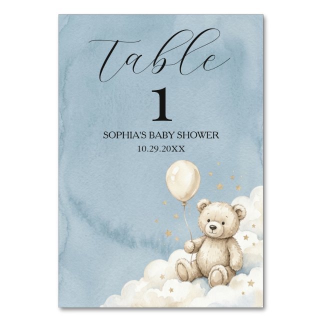 Watercolor Bear Baby Shower Table Number Sign      (Front)