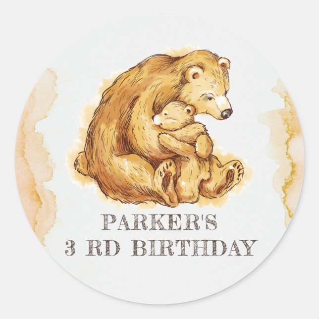 Watercolor Bear Birthday Personalised Classic Round Sticker (Front)