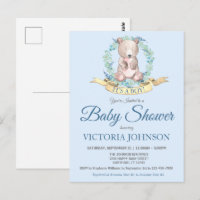 Watercolor Bear Blue Floral Boy Baby Shower Invite