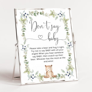 Watercolor bear Don't say baby shower game Poster