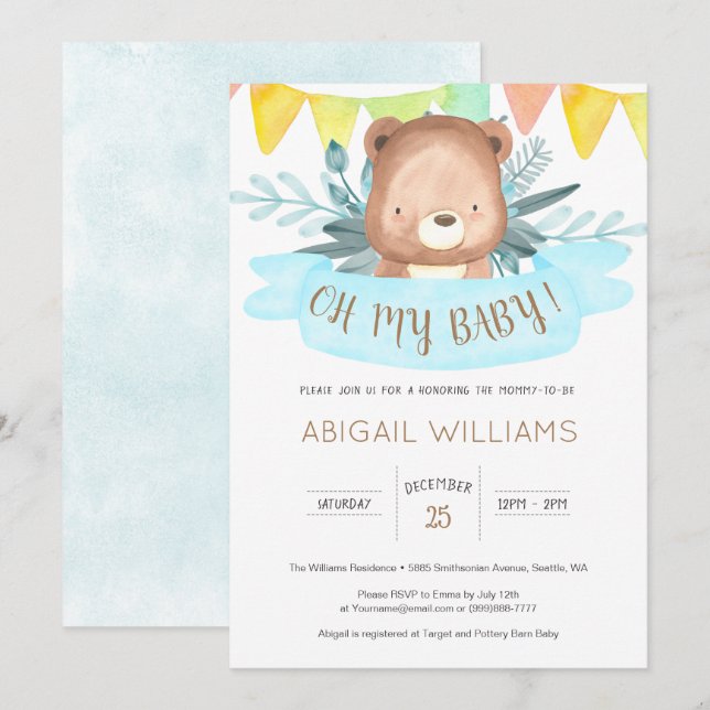 Watercolor Bear Gender Neutral Baby Shower Invitation (Front/Back)