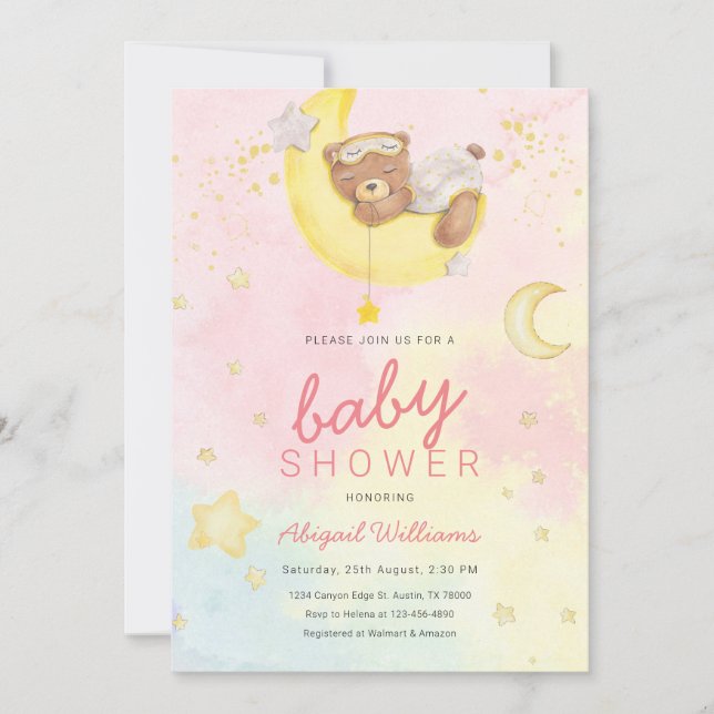 Watercolor bear girl with moons/ stars baby shower invitation (Front)