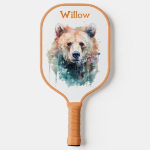Watercolor Bear Head Modern Monogram  Pickleball Paddle