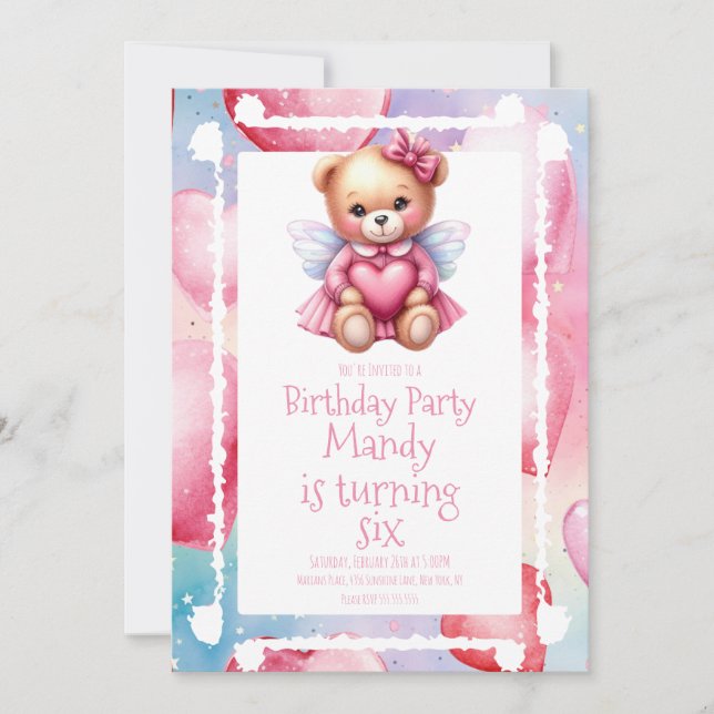 Watercolor Bear Heart Pattern Birthday Party Invitation (Front)
