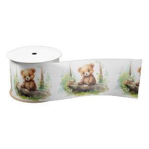 Watercolor Bear On Log Satin Ribbon