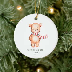 Watercolor Bear Personalised Baby's 1st Christmas Ceramic Tree Decoration