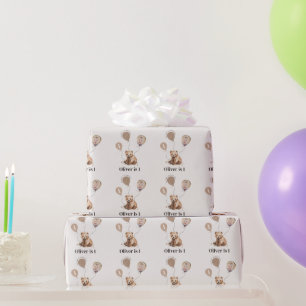 Watercolor bear photo 1st birthday modern  wrapping paper