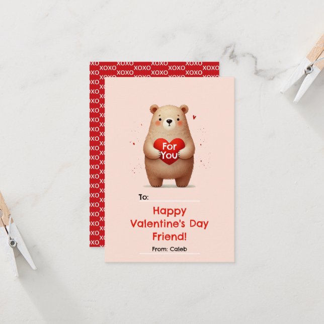 Watercolor Bear Red Heart xoxo Valentine's Day  Invitation (Front/Back In Situ)