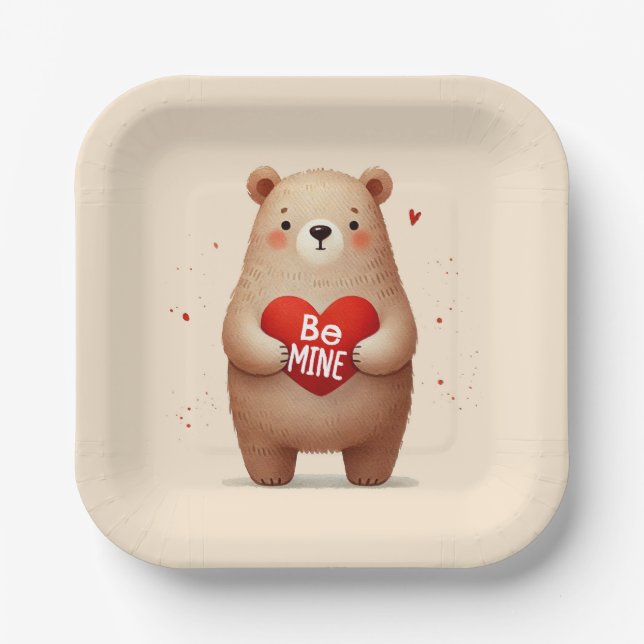 Watercolor Bear Red Heart xoxo Valentine's Party Paper Plate (Front)